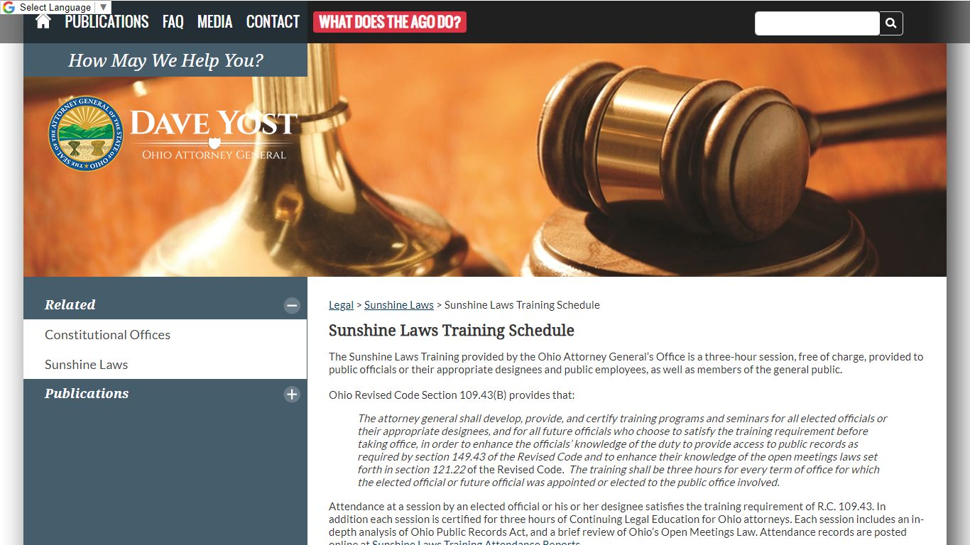 Sunshine Laws Training Schedule - Ohio Attorney General Dave Yost